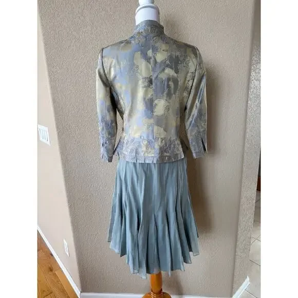Carmen Marc Valvo Skirt Suit Sz 8 Blazer Set Jacket Silk Womens Dusty Blue Green - Picture 2 of 15